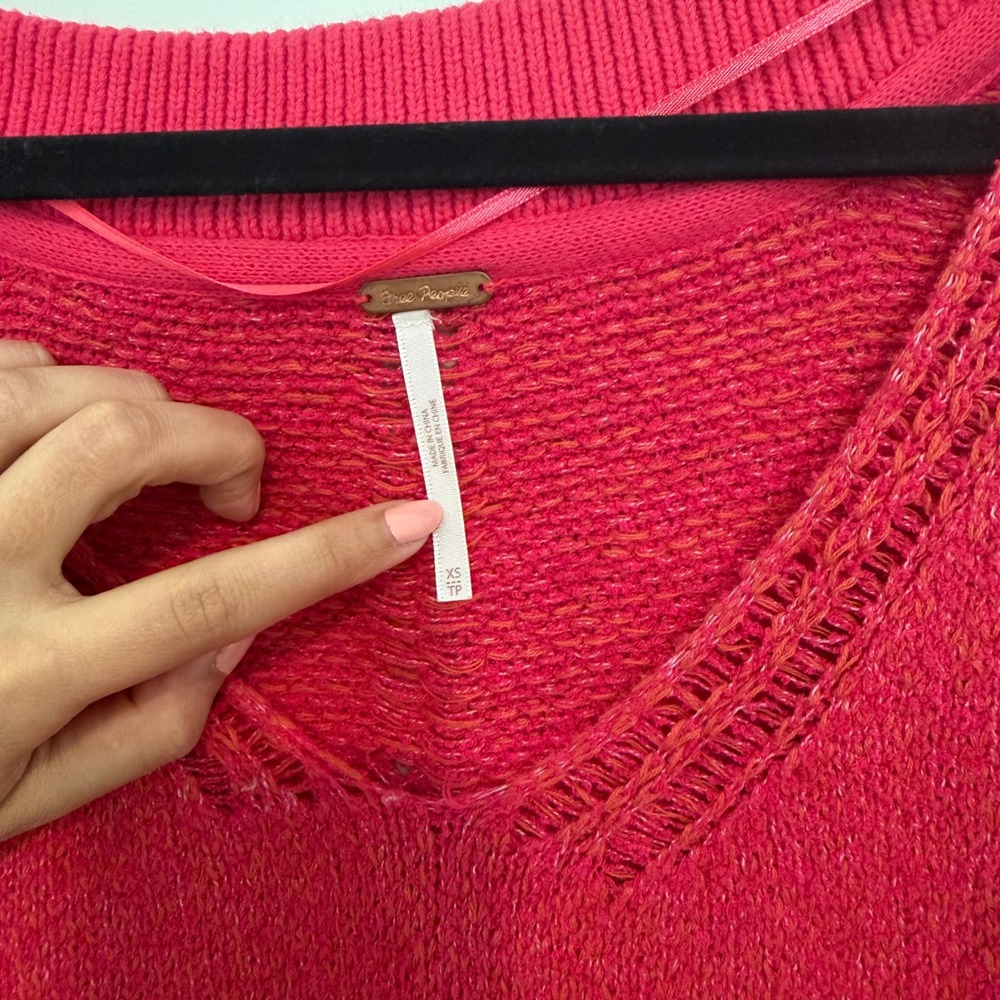 Free People Pink V-Neck Textured Knit Sweater Balloon Sleeve Boho Fuchsia XS - Picture 4 of 4